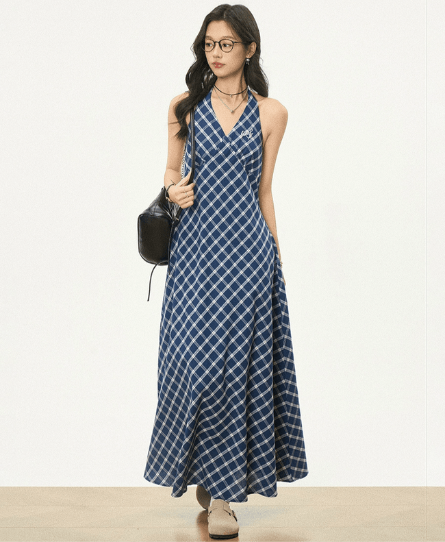 Retro Checkered Halter Neck Bodycon Dress Main Image