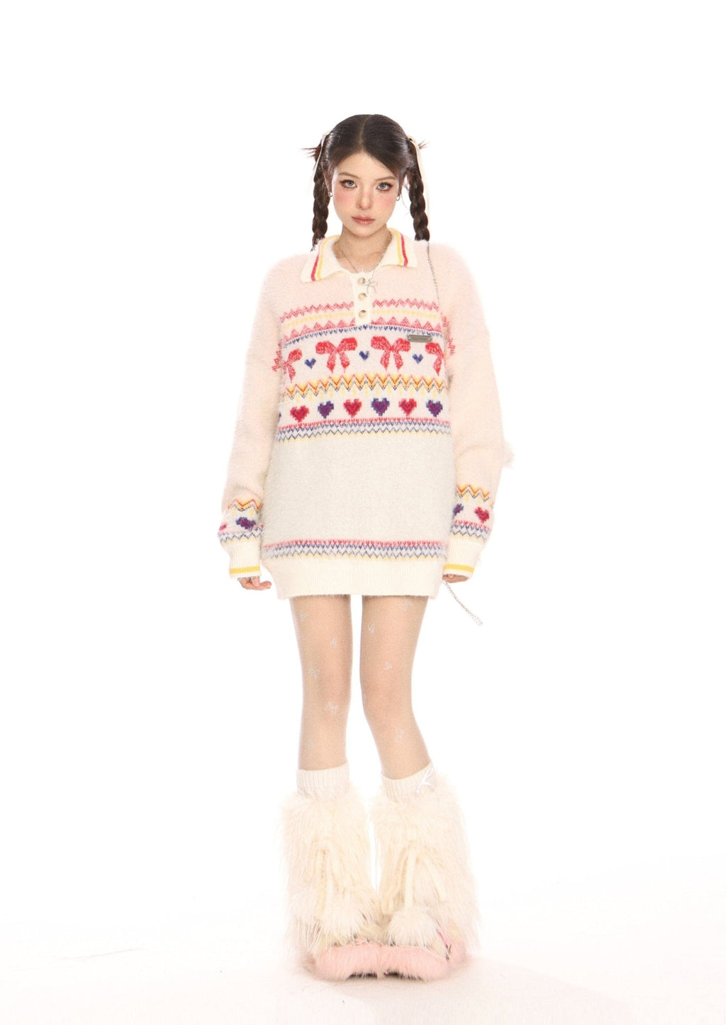 Retro Collared Mohair Heart Bow Knit Sweater - COPPING THREADS - CHICISLAND