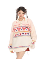 Retro Collared Mohair Heart Bow Knit Sweater - COPPING THREADS - CHICISLAND