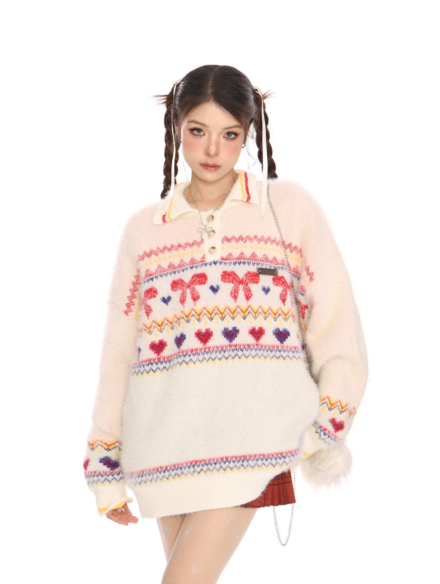 Retro Collared Mohair Heart Bow Knit Sweater - COPPING THREADS - CHICISLAND