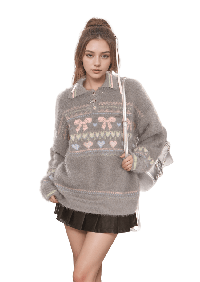 Retro Collared Mohair Heart Bow Knit Sweater - COPPING THREADS - CHICISLAND Hover Image