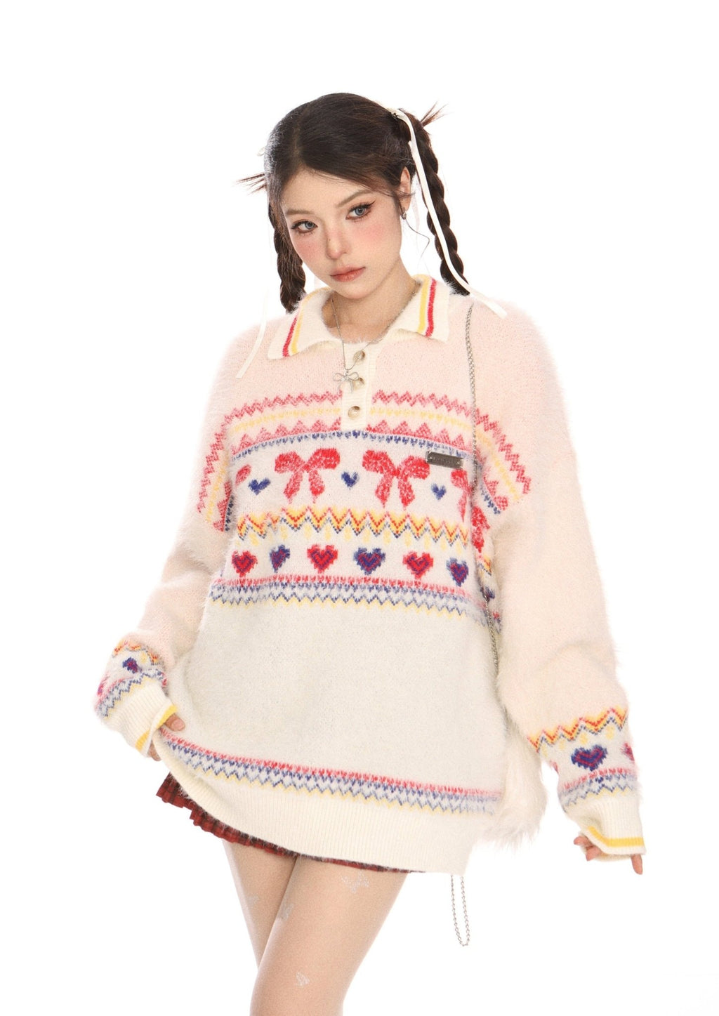 Retro Collared Mohair Heart Bow Knit Sweater - COPPING THREADS - CHICISLAND