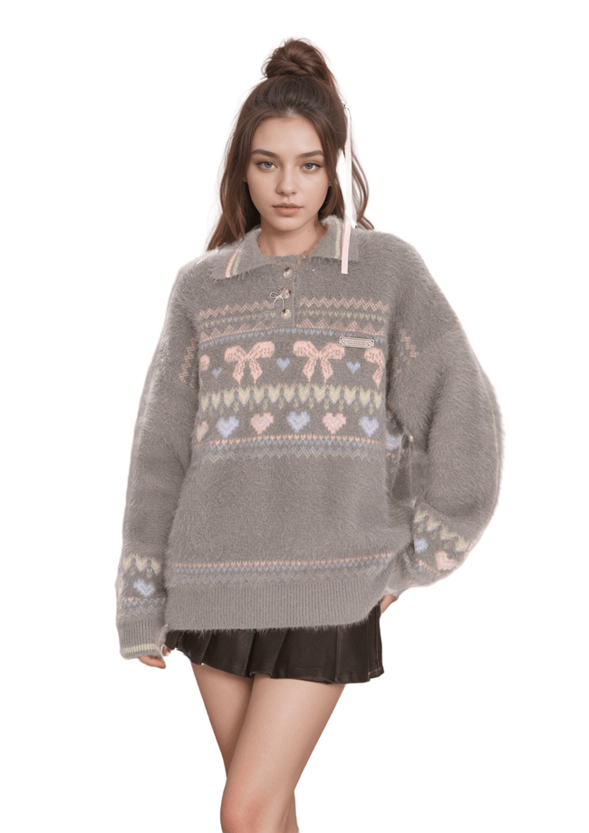 Retro-Strickpullover aus Mohair mit Kragen und Herzschleife Main Image