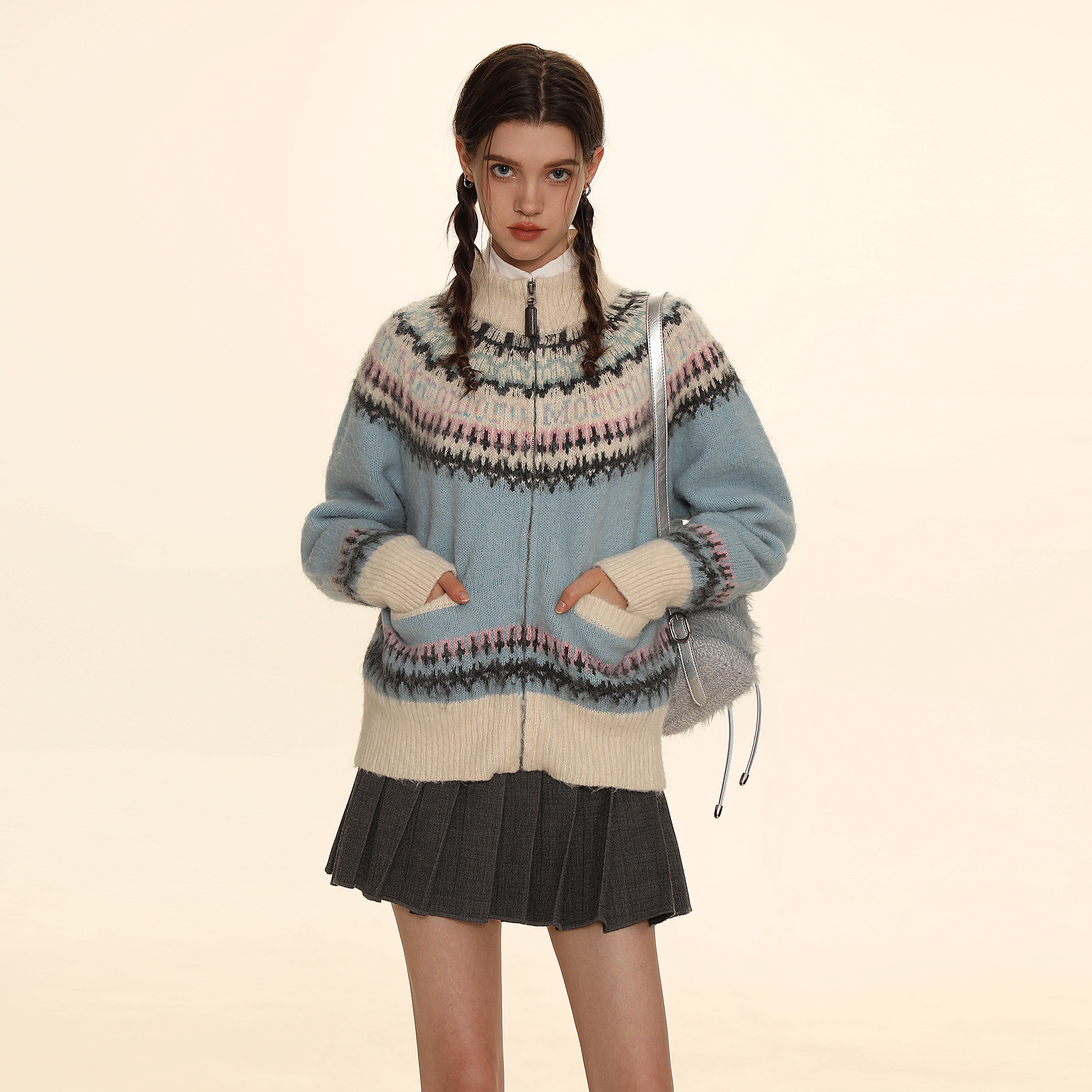 Retro Crew Neck Zip - Up Knit Cardigan Sweater - COPPING THREADS - MOROMORO