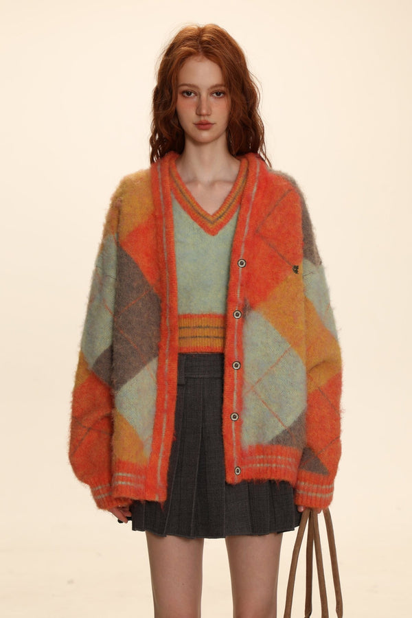 Retro Diamond Check V - Neck Knit Cardigan - COPPING THREADS - MOROMORO