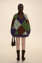 Retro Diamond Check V - Neck Knit Cardigan - COPPING THREADS - MOROMORO