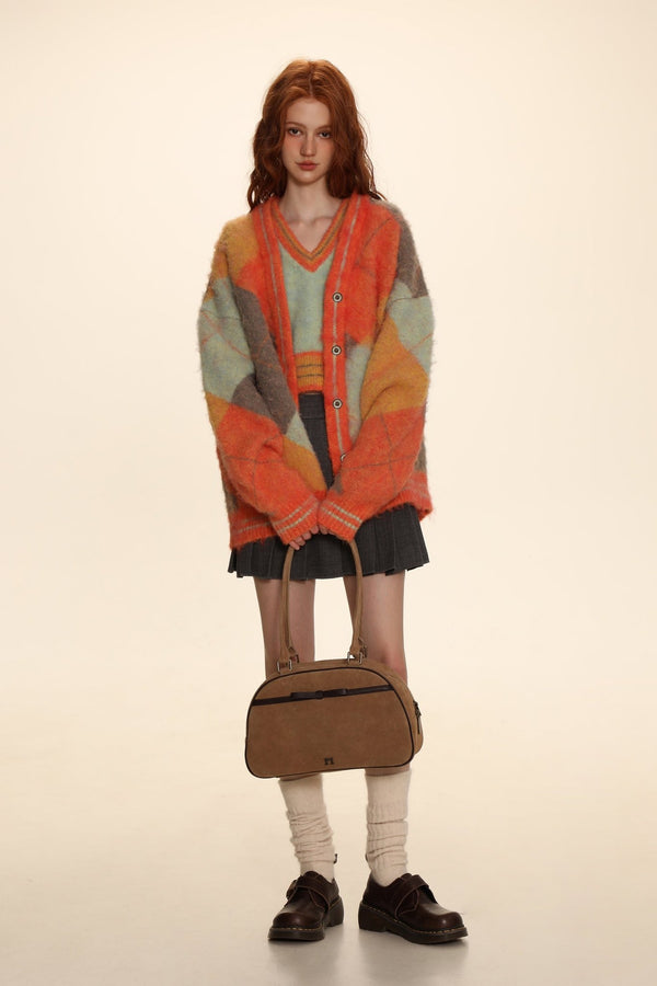 Retro Diamond Check V - Neck Knit Cardigan - COPPING THREADS - MOROMORO