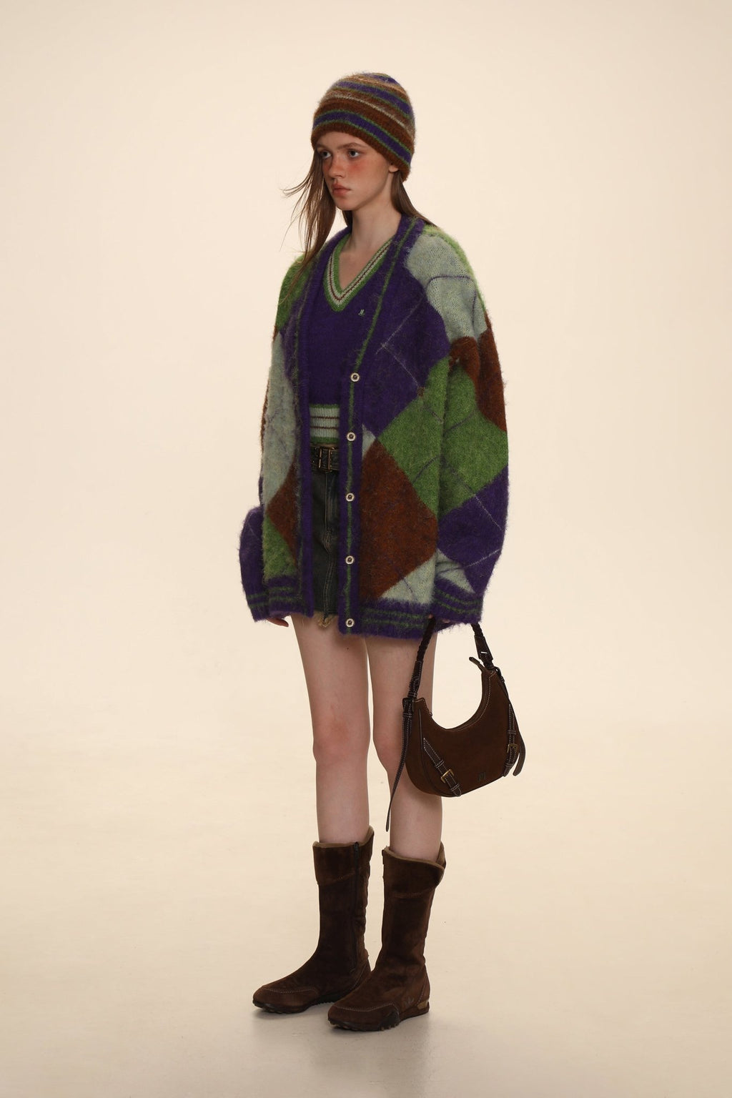 Retro Diamond Check V - Neck Knit Cardigan - COPPING THREADS - MOROMORO