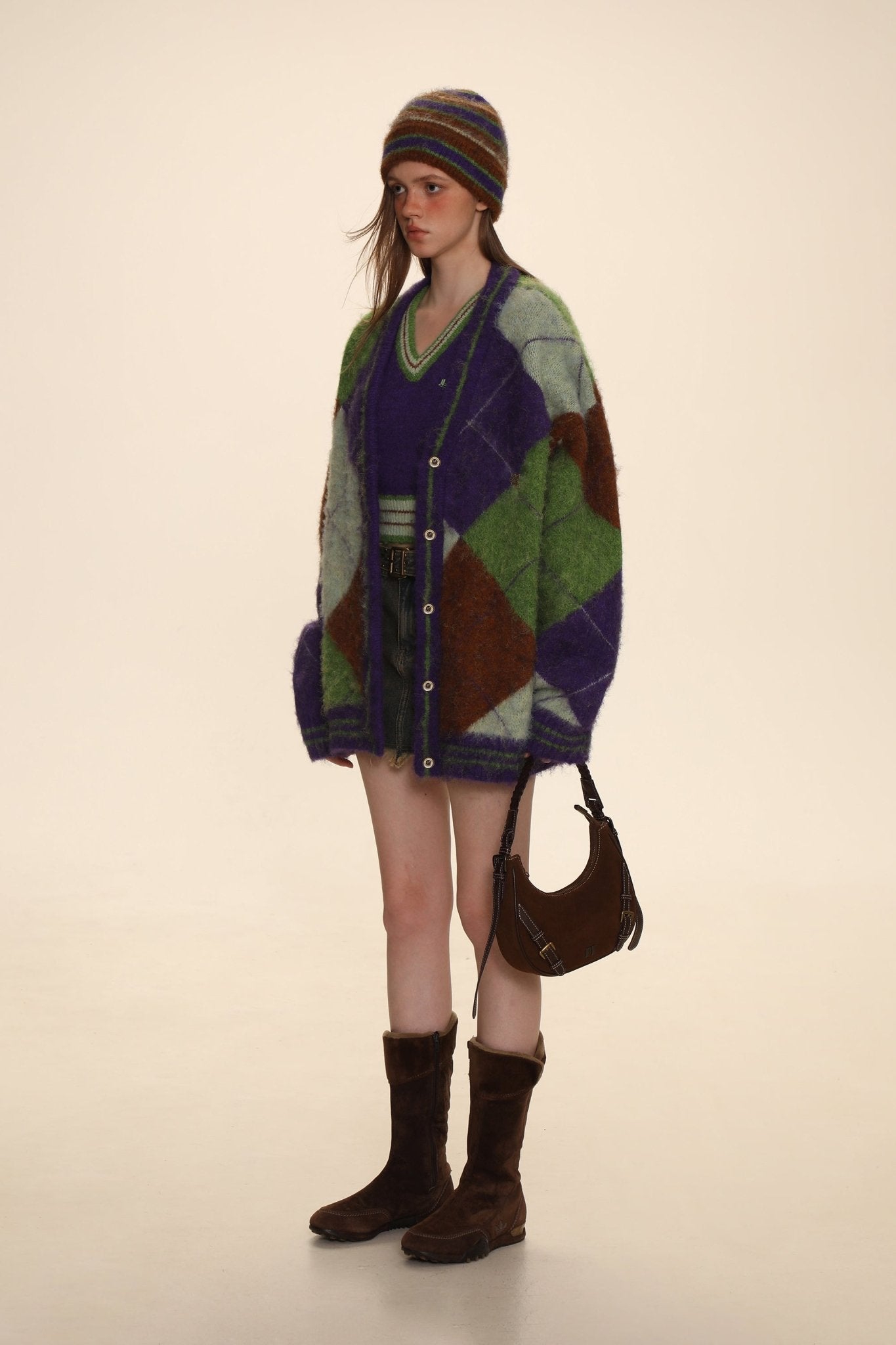 Retro Diamond Check V - Neck Knit Cardigan - COPPING THREADS - MOROMORO