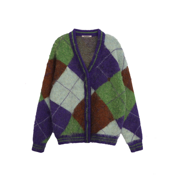 Retro Diamond Check V - Neck Knit Cardigan - COPPING THREADS - MOROMORO