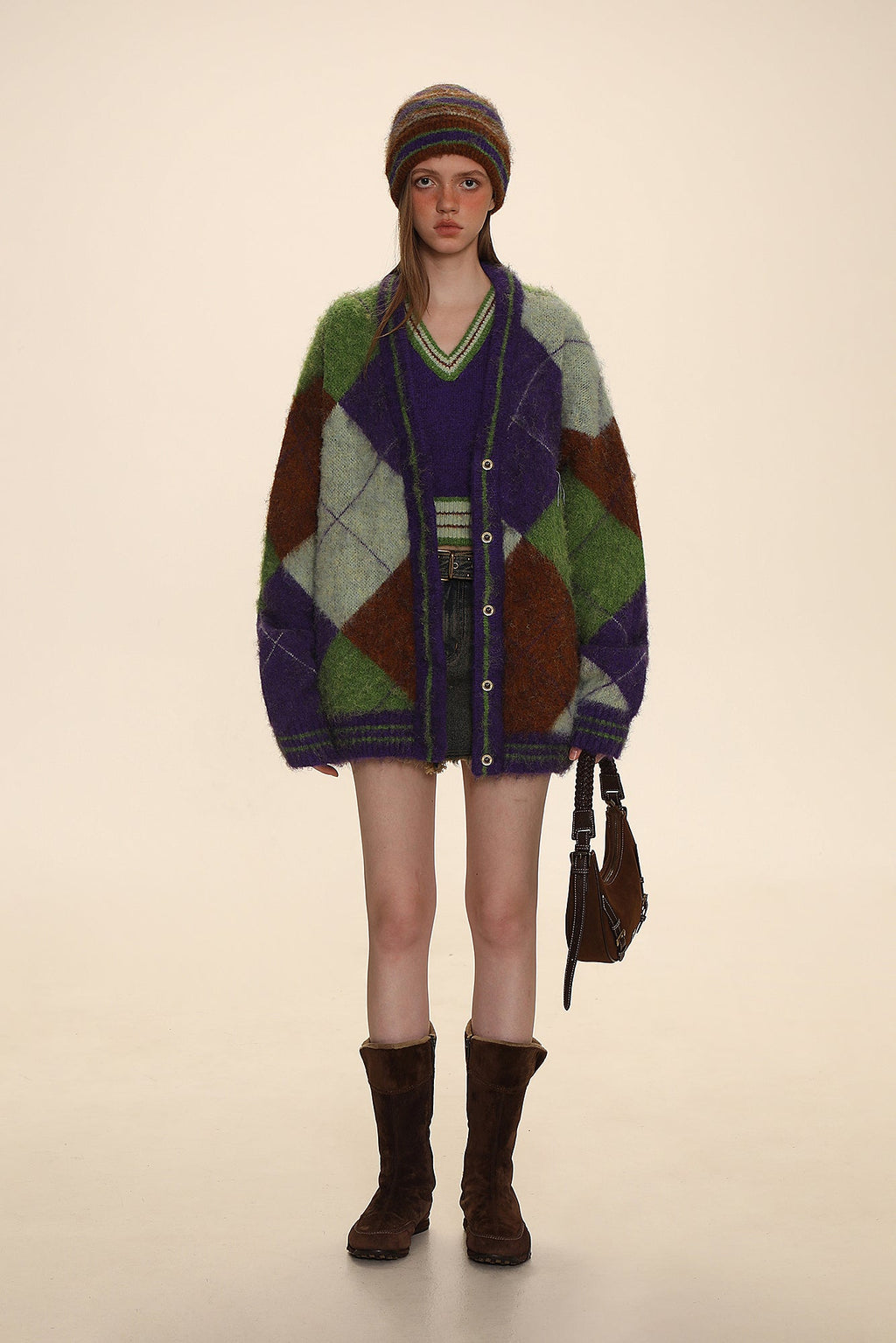 Retro Diamond Check V - Neck Knit Cardigan - COPPING THREADS - MOROMORO