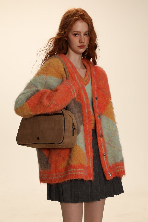 Retro Diamond Check V - Neck Knit Cardigan - COPPING THREADS - MOROMORO