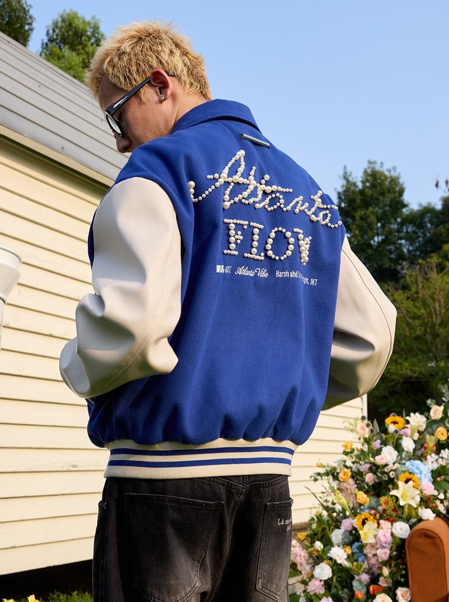 Retro Embroidered Pearl Text Baseball Jacket - COPPING THREADS - Harsh and Cruel