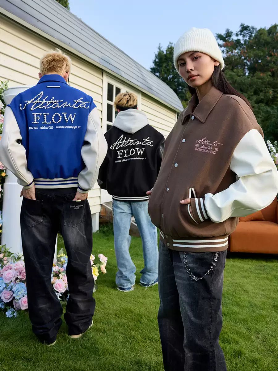 Retro Embroidered Pearl Text Baseball Jacket - COPPING THREADS - Harsh and Cruel