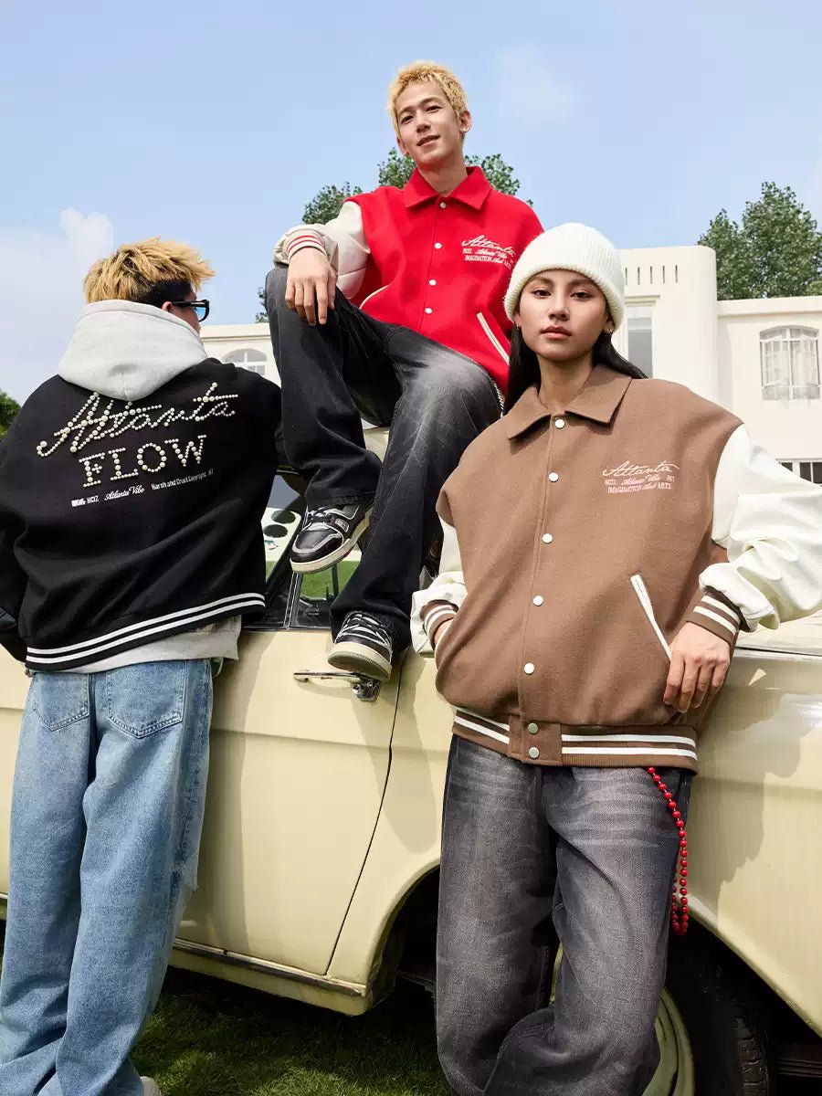 Retro Embroidered Pearl Text Baseball Jacket - COPPING THREADS - Harsh and Cruel