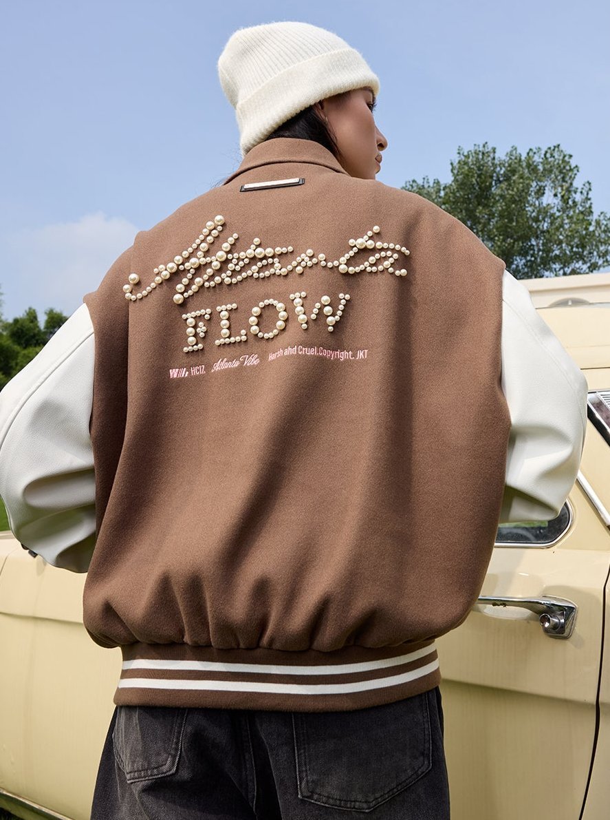 Retro Embroidered Pearl Text Baseball Jacket - COPPING THREADS - Harsh and Cruel