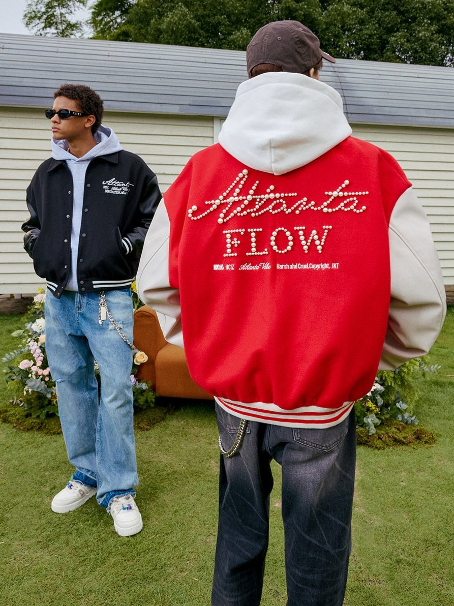 Retro Embroidered Pearl Text Baseball Jacket - COPPING THREADS - Harsh and Cruel