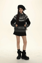 Retro Fair Isle Black White Stripe Contrast Knit Sweater - COPPING THREADS - MOROMORO