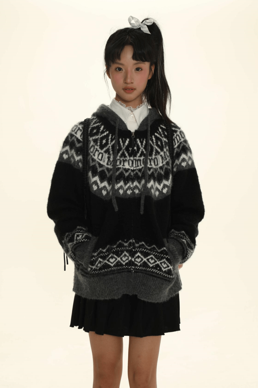 Retro Fair Isle Black White Stripe Contrast Knit Sweater - COPPING THREADS - MOROMORO