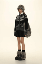 Retro Fair Isle Black White Stripe Contrast Knit Sweater - COPPING THREADS - MOROMORO