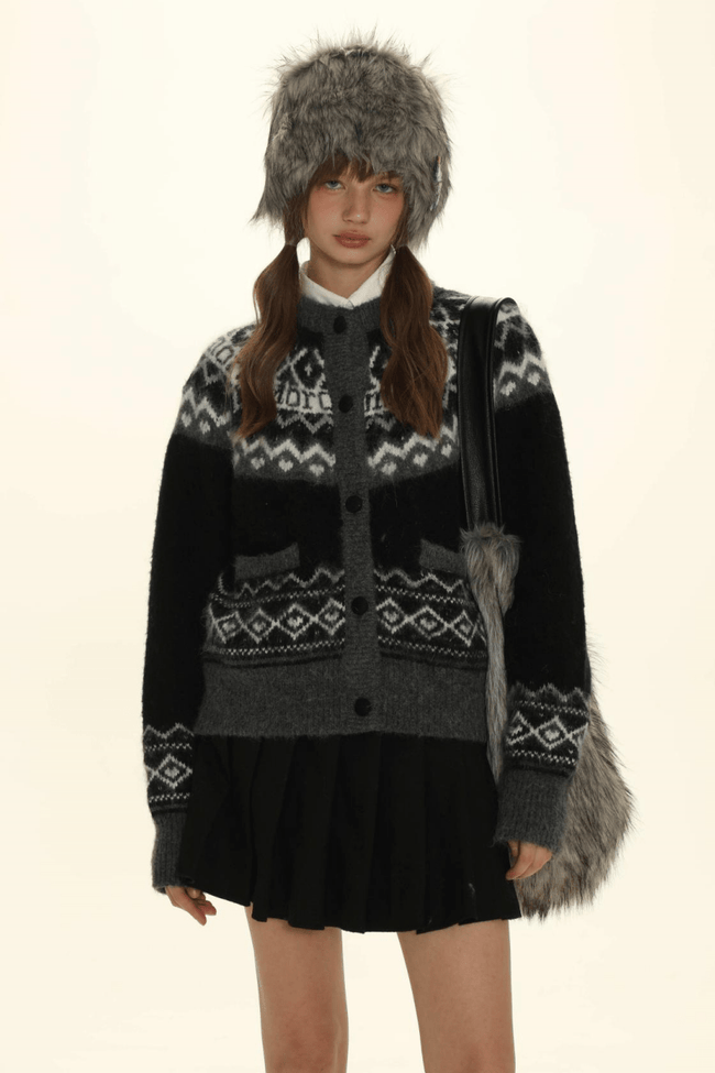 Retro Fair Isle Schwarz Weiß Streifen Kontrast Strickpullover Main Image