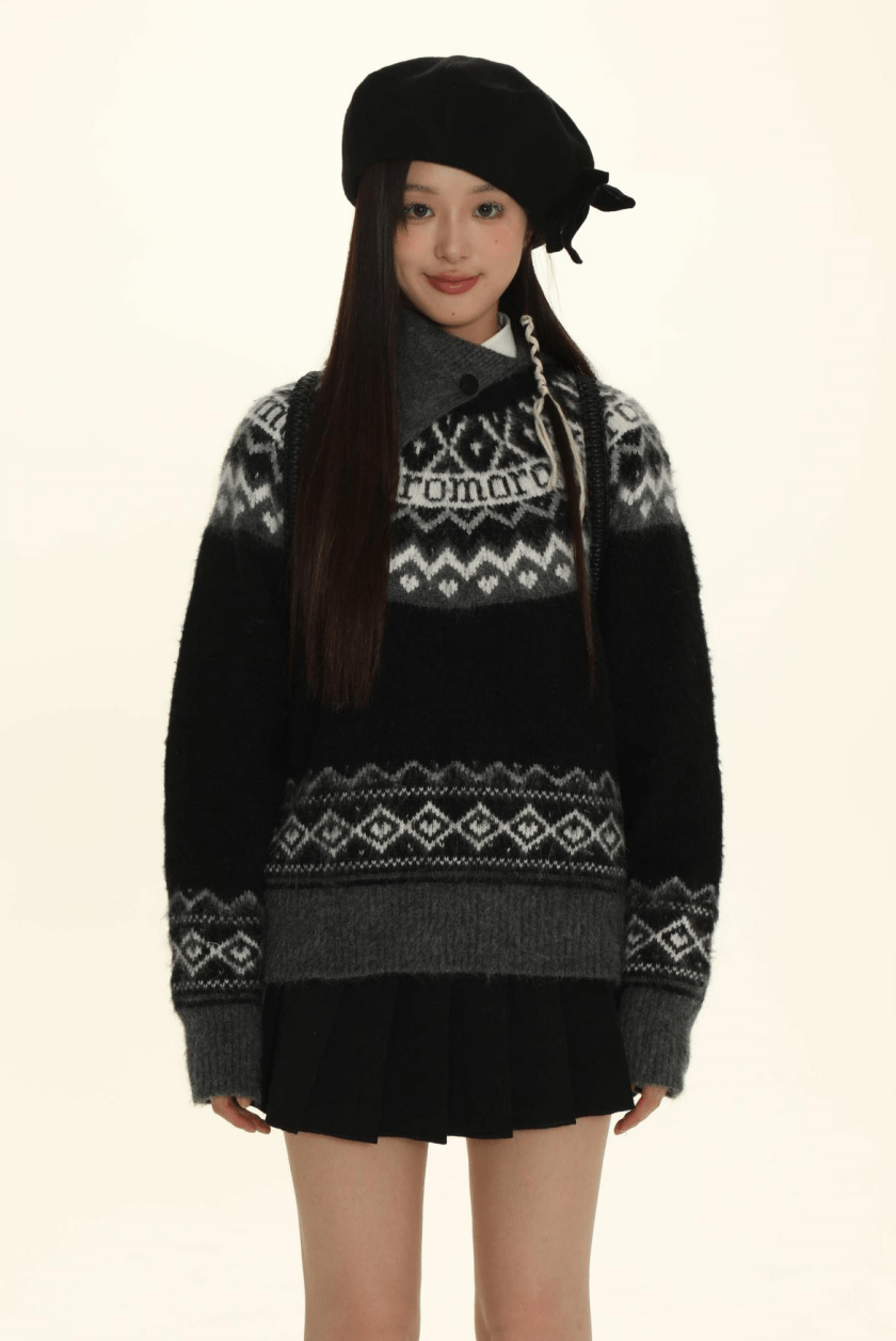 Retro Fair Isle Black White Stripe Contrast Knit Sweater - COPPING THREADS - MOROMORO