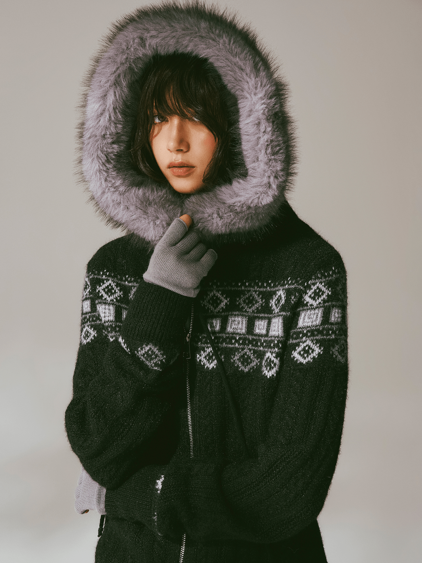 Retro Fair Isle Faux Fur Knit Zip Hoodie - COPPING THREADS - CHICISLAND