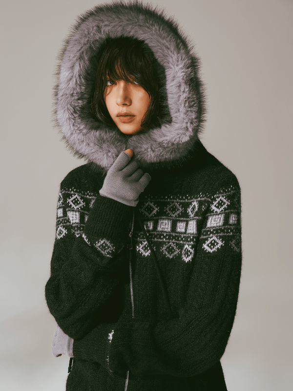 Retro Fair Isle Faux Fur Knit Zip Hoodie - COPPING THREADS - CHICISLAND