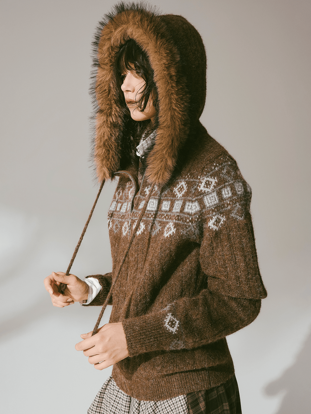 Retro Fair Isle Faux Fur Knit Zip Hoodie - COPPING THREADS - CHICISLAND