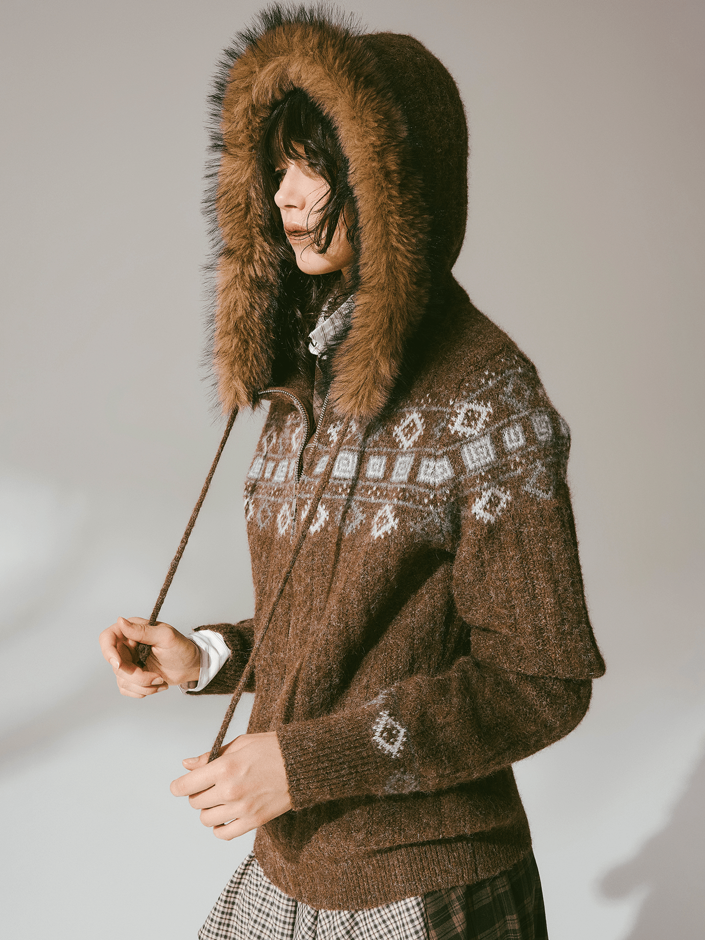 Retro Fair Isle Faux Fur Knit Zip Hoodie - COPPING THREADS - CHICISLAND