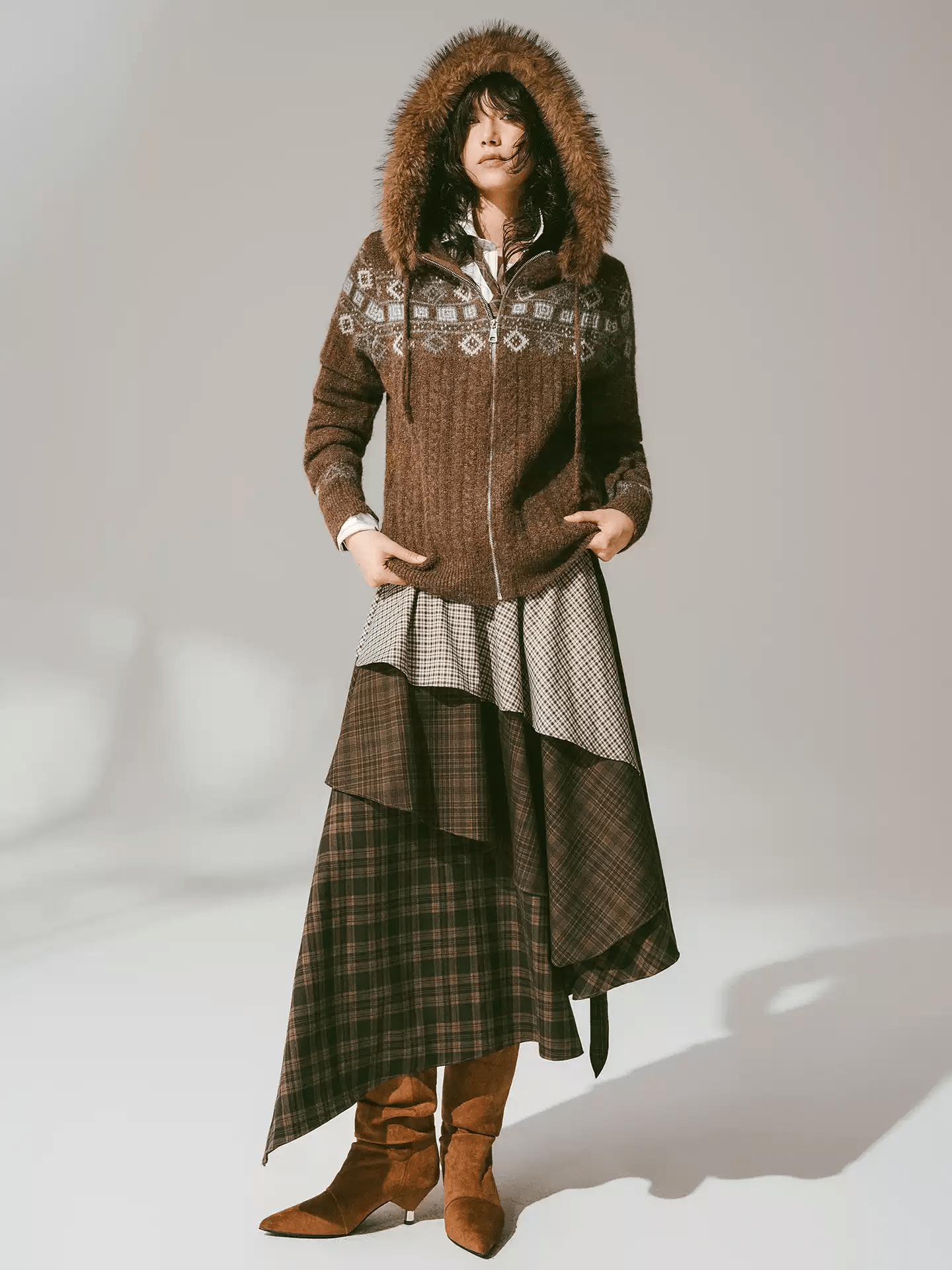 Retro Fair Isle Faux Fur Knit Zip Hoodie - COPPING THREADS - CHICISLAND