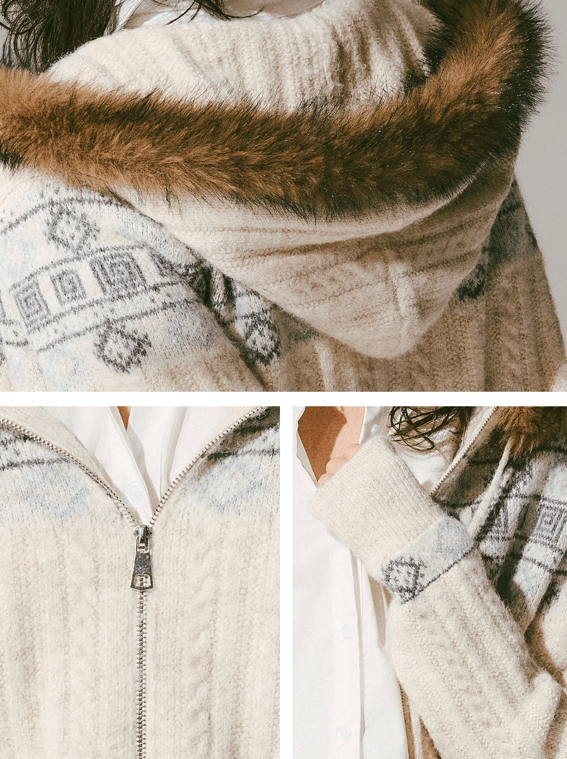 Retro Fair Isle Faux Fur Knit Zip Hoodie - COPPING THREADS - CHICISLAND