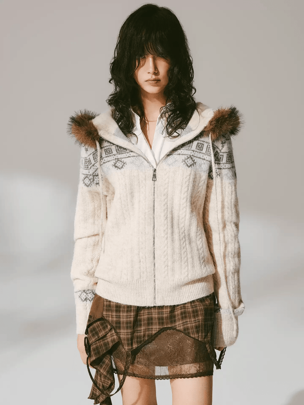 Retro Fair Isle Faux Fur Knit Zip Hoodie - COPPING THREADS - CHICISLAND