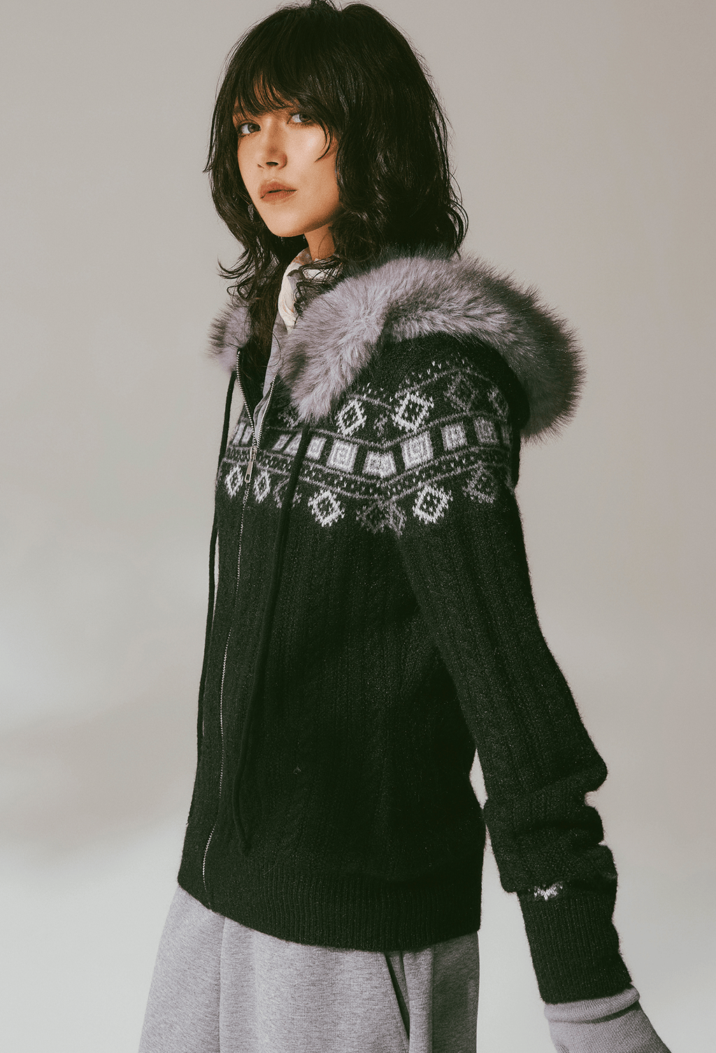 Retro Fair Isle Faux Fur Knit Zip Hoodie - COPPING THREADS - CHICISLAND