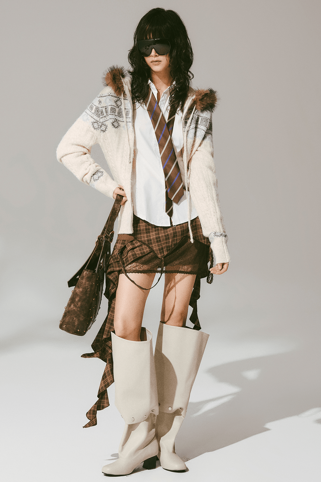 Retro Fair Isle Faux Fur Knit Zip Hoodie - COPPING THREADS - CHICISLAND