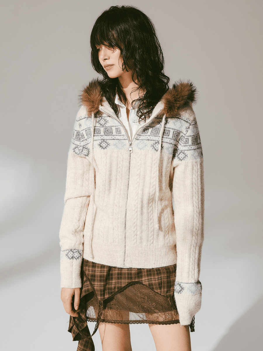 Retro Fair Isle Faux Fur Knit Zip Hoodie - COPPING THREADS - CHICISLAND