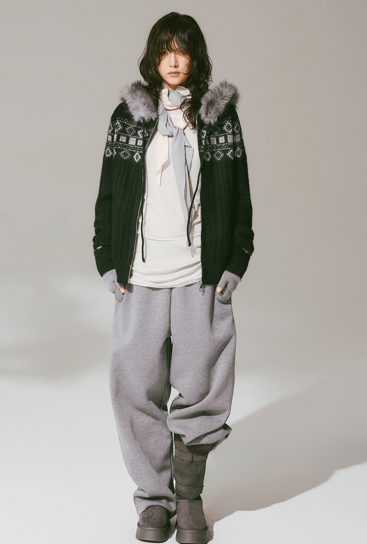 Retro Fair Isle Faux Fur Knit Zip Hoodie - COPPING THREADS - CHICISLAND