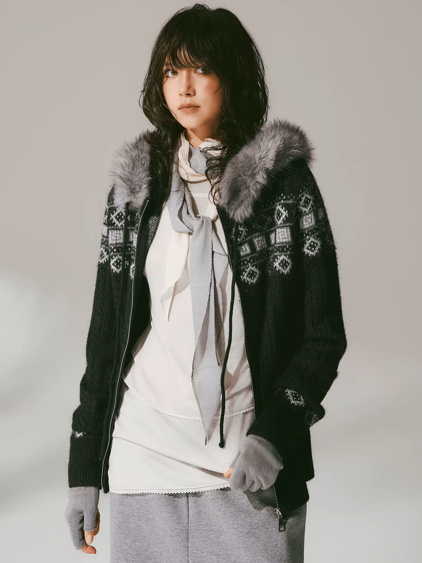 Retro Fair Isle Faux Fur Knit Zip Hoodie - COPPING THREADS - CHICISLAND