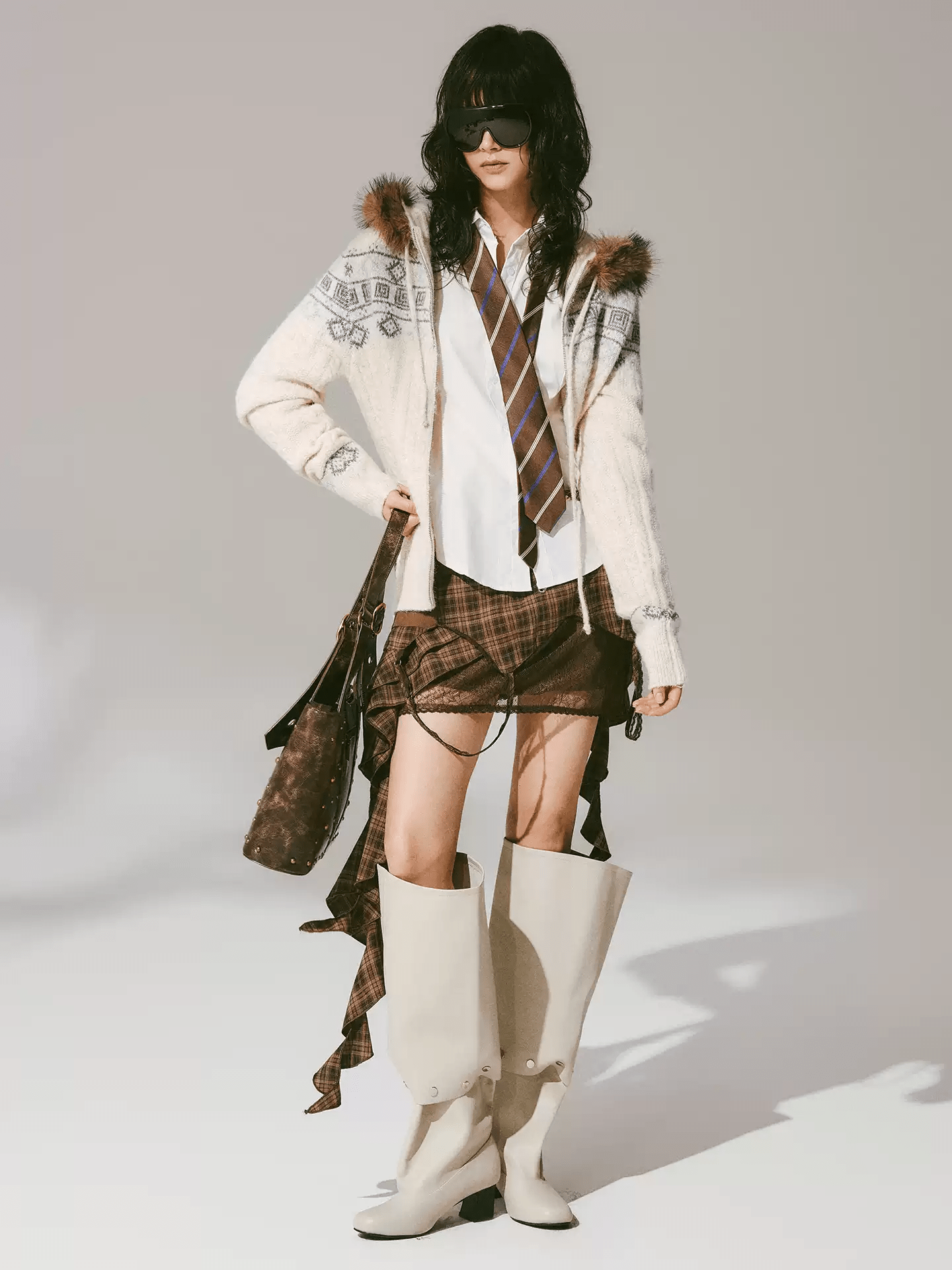 Retro Fair Isle Faux Fur Knit Zip Hoodie - COPPING THREADS - CHICISLAND