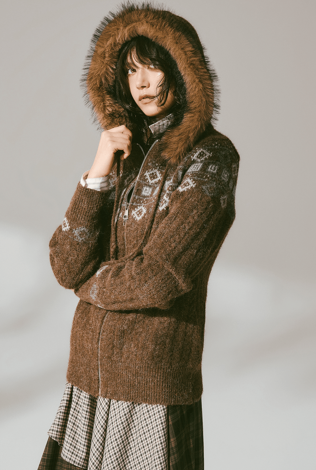 Retro Fair Isle Faux Fur Knit Zip Hoodie - COPPING THREADS - CHICISLAND