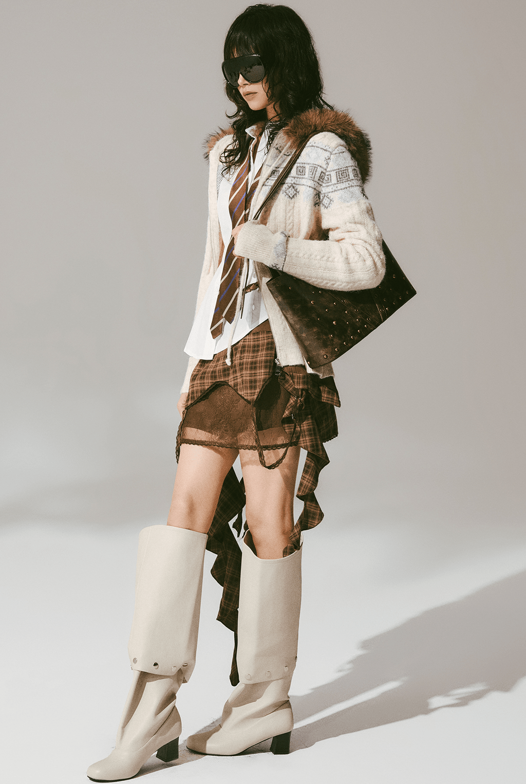 Retro Fair Isle Faux Fur Knit Zip Hoodie - COPPING THREADS - CHICISLAND