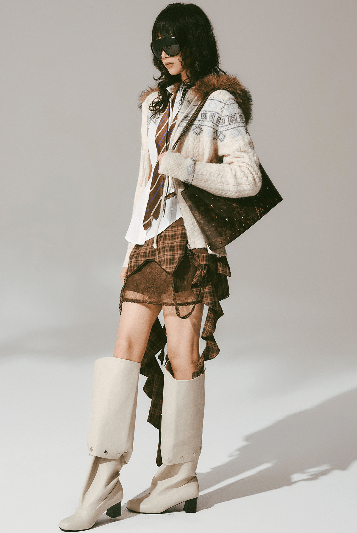 Retro Fair Isle Faux Fur Knit Zip Hoodie - COPPING THREADS - CHICISLAND