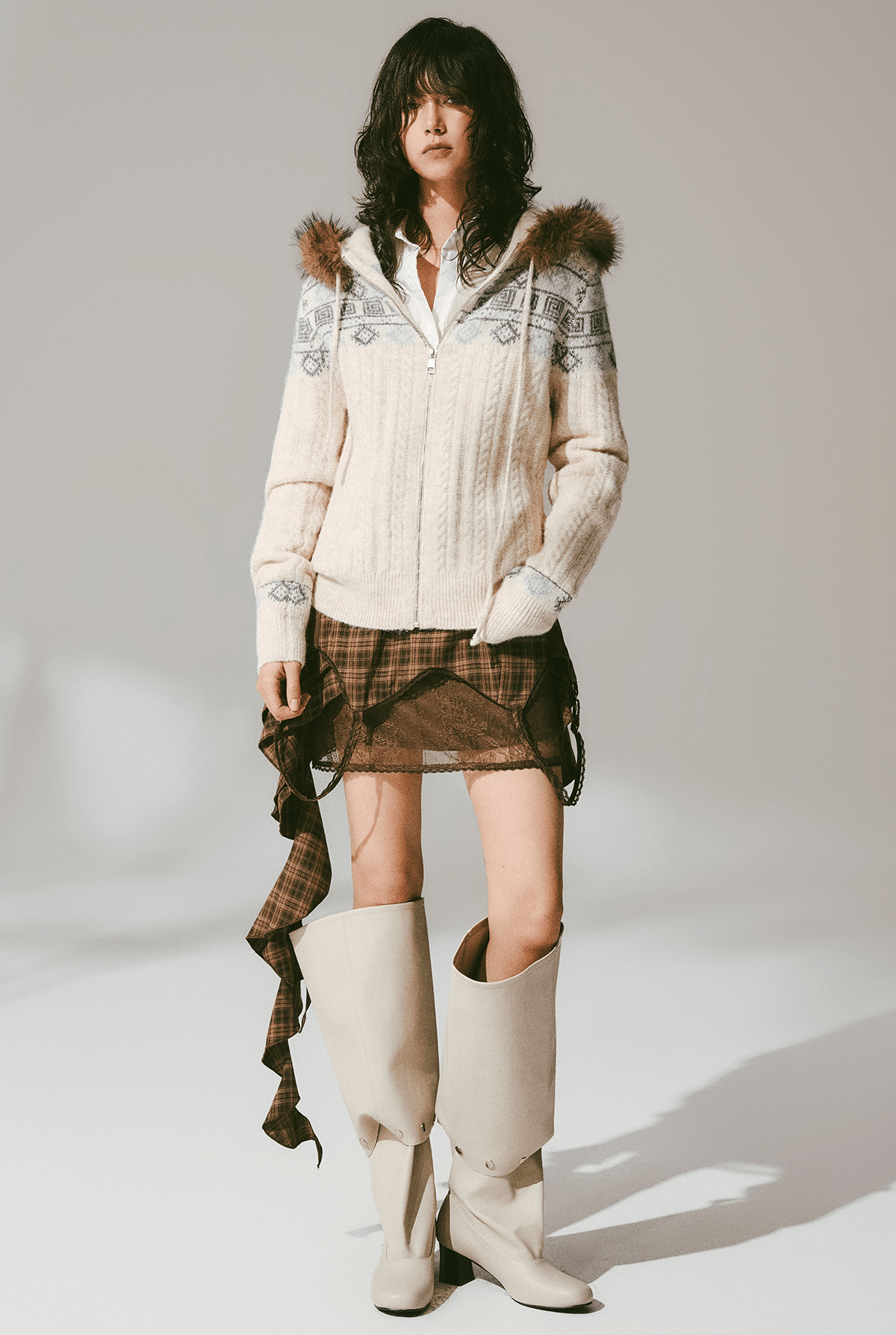 Retro Fair Isle Faux Fur Knit Zip Hoodie - COPPING THREADS - CHICISLAND