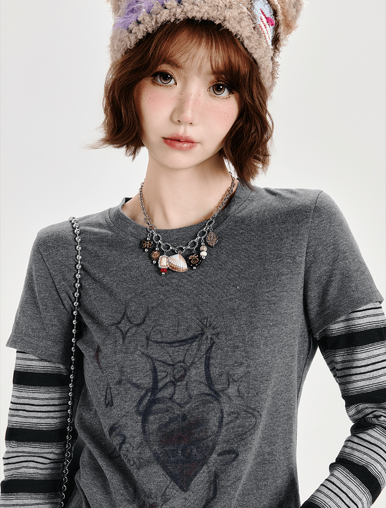 Retro Faux Layered Heart Print Striped Long Sleeve T-Shirt - COPPING THREADS - CT Select