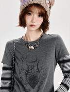 Retro Faux Layered Heart Print Striped Long Sleeve T-Shirt - COPPING THREADS - CT Select