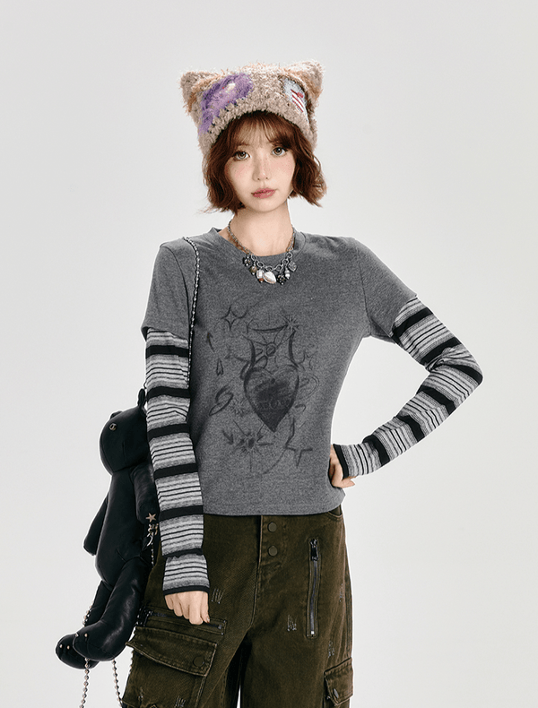 Retro Faux Layered Heart Print Striped Long Sleeve T-Shirt - COPPING THREADS - CT Select