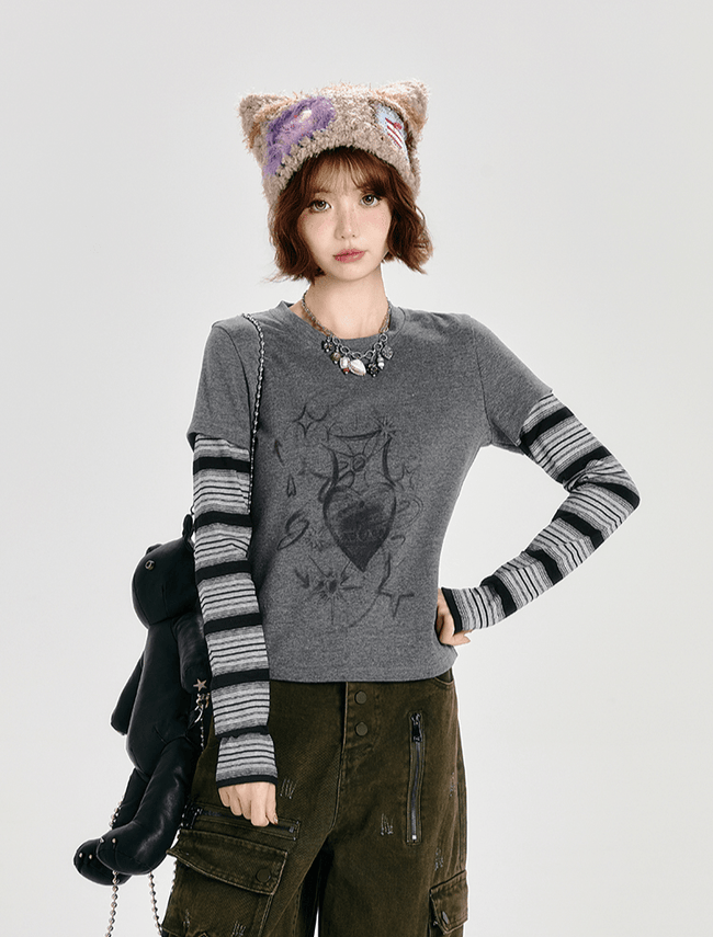 Retro Faux Layered Heart Print Striped Long Sleeve T-Shirt - COPPING THREADS - CT Select Hover Image