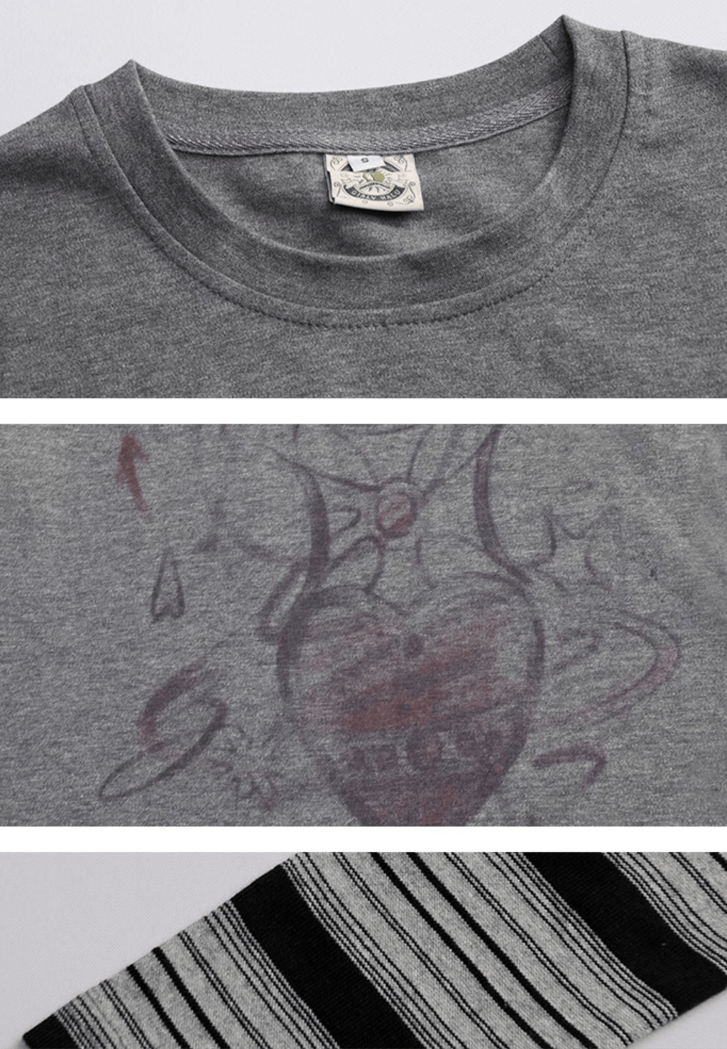 Retro Faux Layered Heart Print Striped Long Sleeve T-Shirt - COPPING THREADS - CT Select