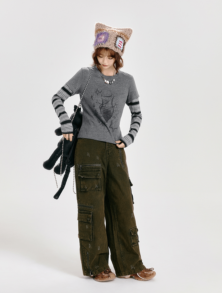 Retro Faux Layered Heart Print Striped Long Sleeve T-Shirt - COPPING THREADS - CT Select