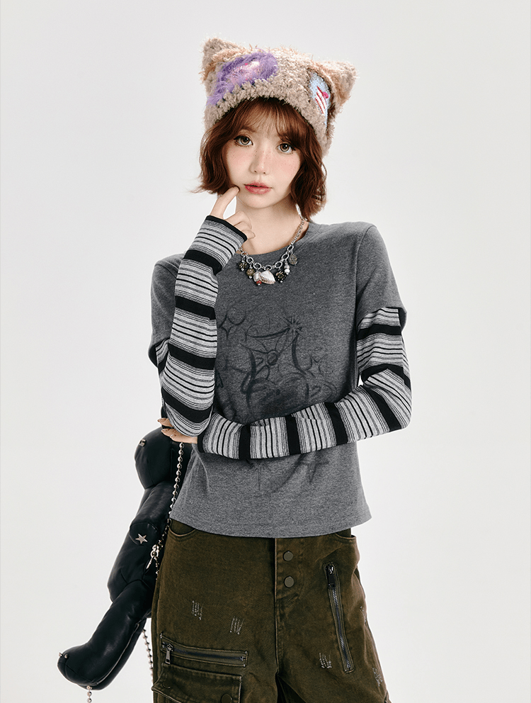 Retro Faux Layered Heart Print Striped Long Sleeve T-Shirt - COPPING THREADS - CT Select